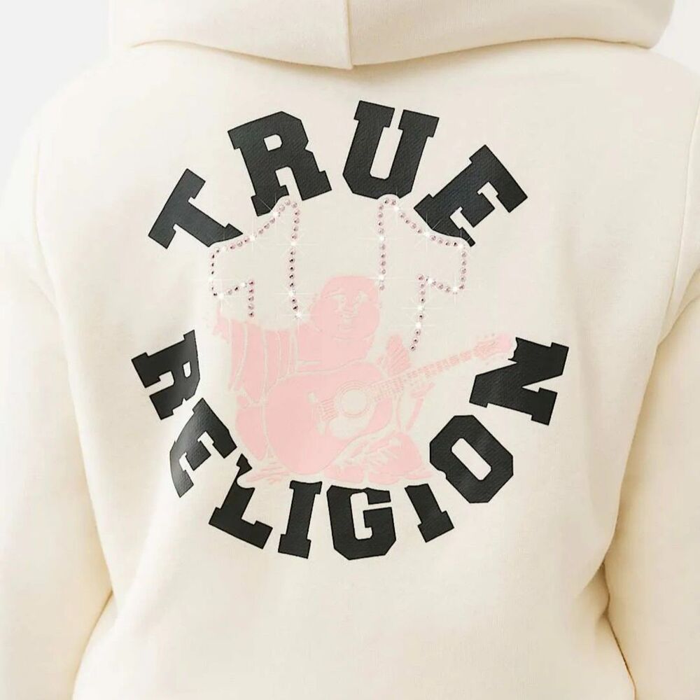 True Religion Zip Up Hoodie Sweatshirt Womens L White Rhinestone Buddha Logo